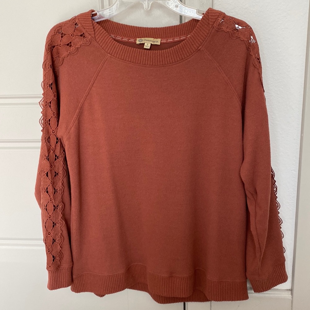 Democracy Rusty Orange Laced-Sleeve Sweater